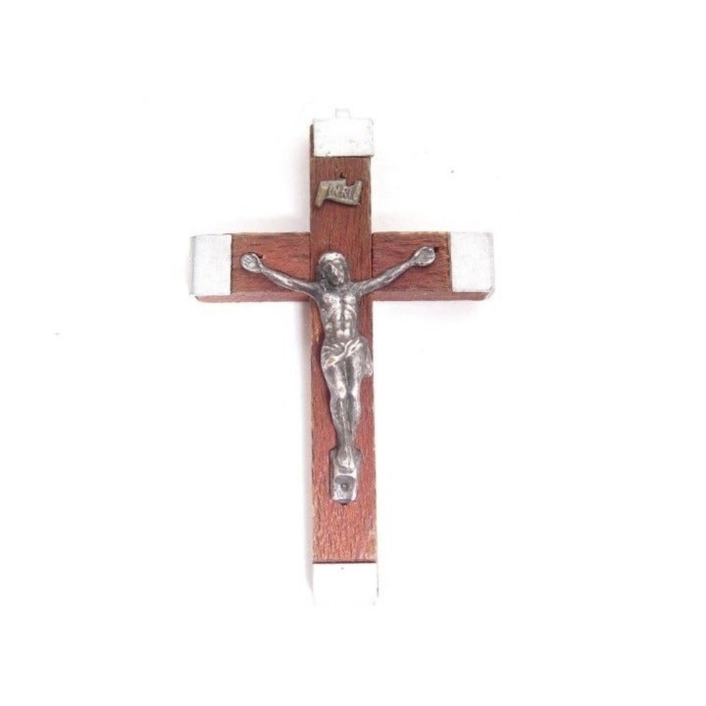 Vintage FRANCE LOURDES Wooden Silver Crucifix